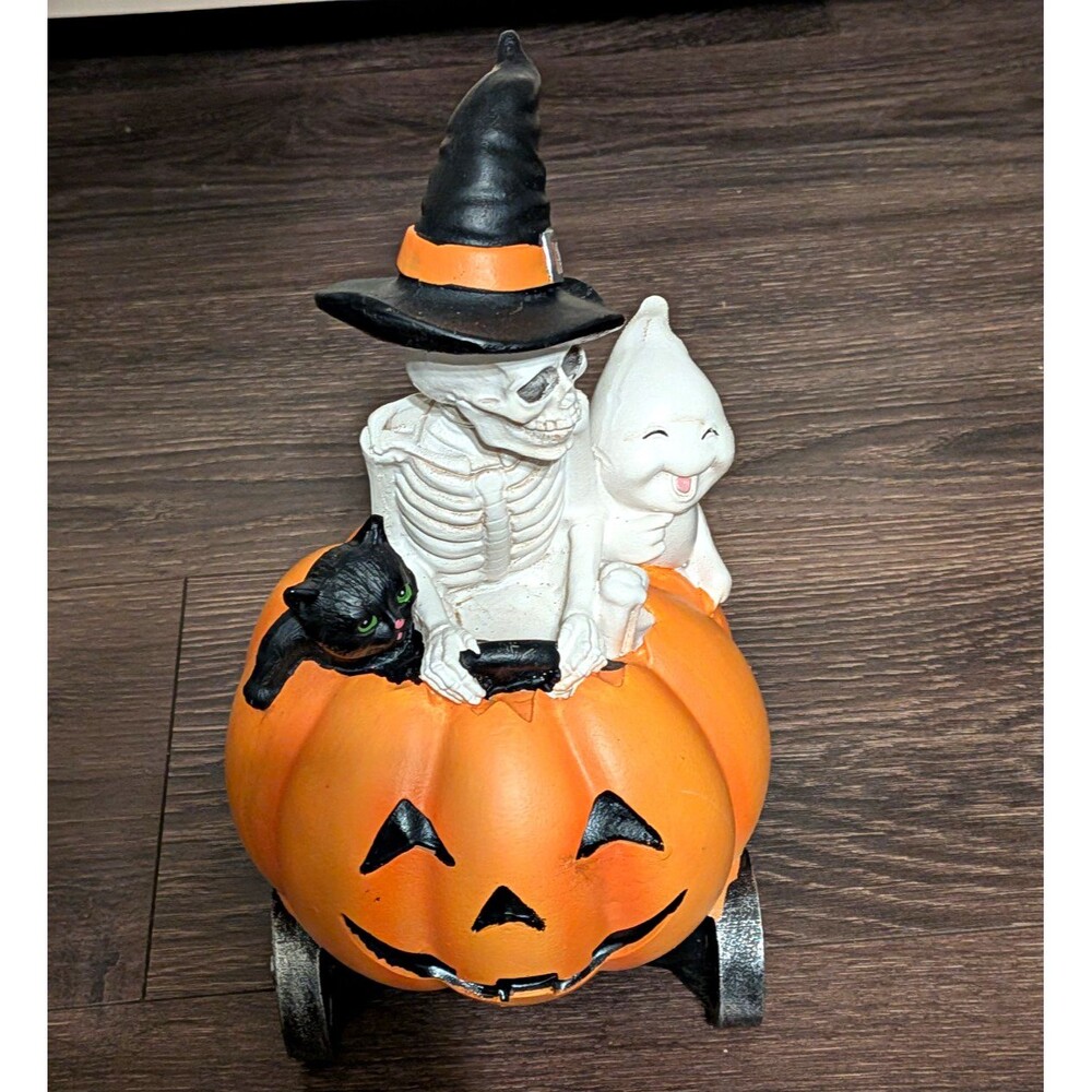 Halloween Resin Figurine Skeleton Witch Hat Pumpkin w/ Black Cat & Ghost Painted